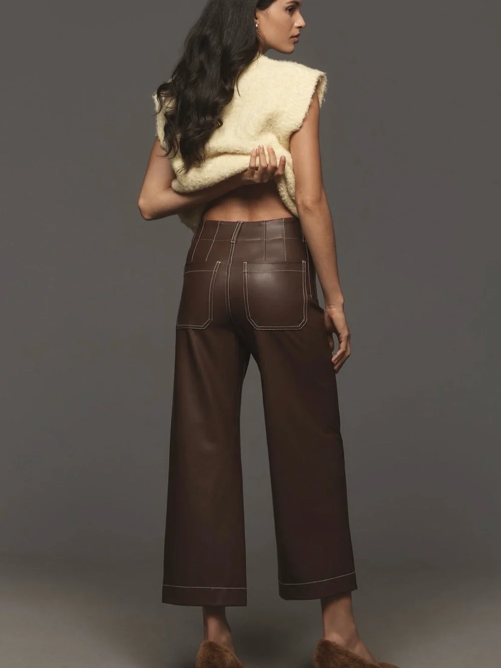 Colette Crop Wide-Leg Faux Leather Pants in Chocolate